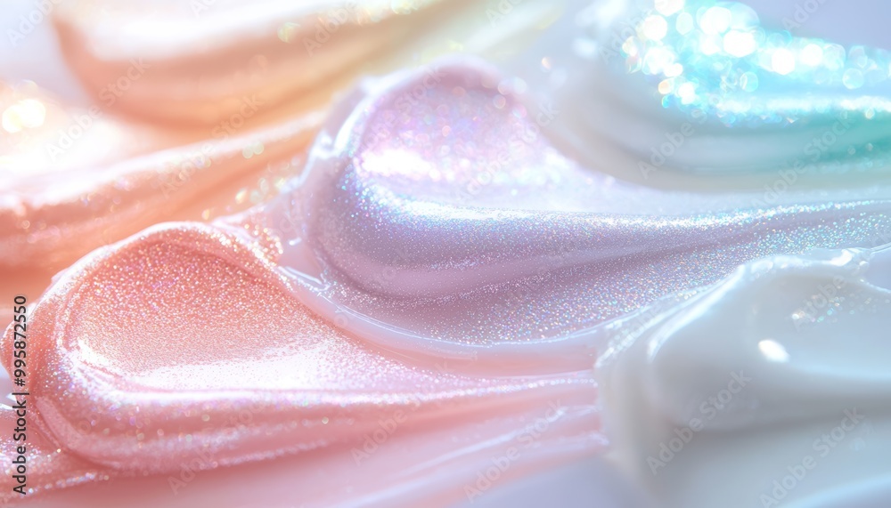 A soft gradient of holographic highlighter swatches, shifting from lavender to pearl white, with an ethereal, glowing effect. A soft gradient of holographic highlighter swatches, shifting from lavender to pearl white, with an ethereal, glowing effect.