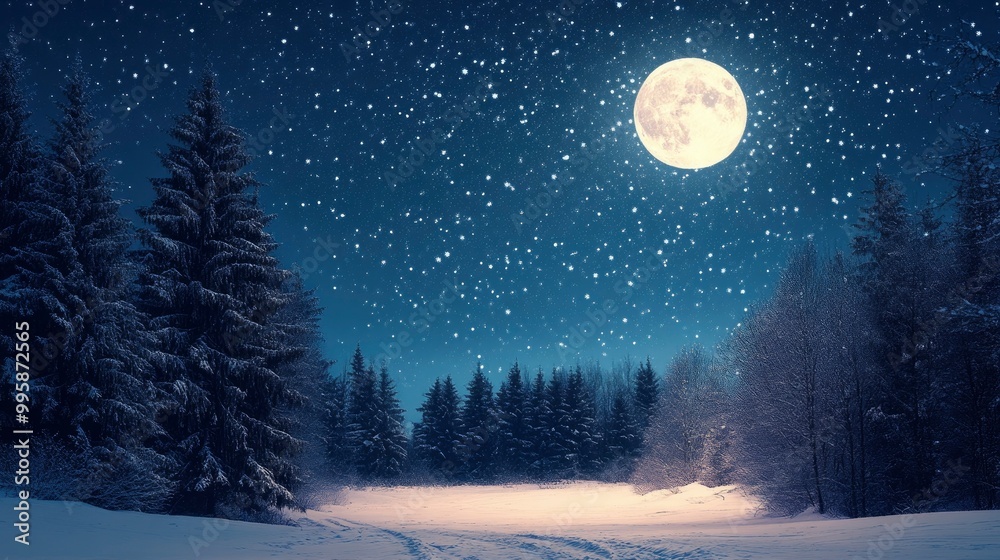 Fototapeta premium A clear winter night sky with a bright full moon and twinkling stars.