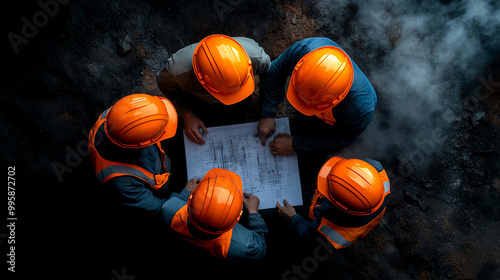 Construction workers in orange helmets discussing blueprints at a work site.