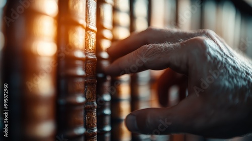 A close-up shot of a hand taking a book off a wooden shelf in a library. The light creates a warm, nostalgic feeling, emphasizing the pursuit and discovery of information. photo