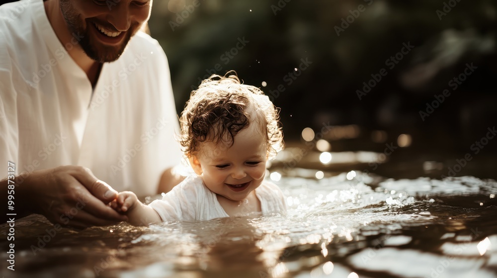 A smiling father and child share a delightful moment in the sunlight by the water, highlighting the joy and bond between them in a serene and natural setting. A smiling father and child share a delightful moment in the sunlight by the water, highlighting the joy and bond between them in a serene and natural setting.