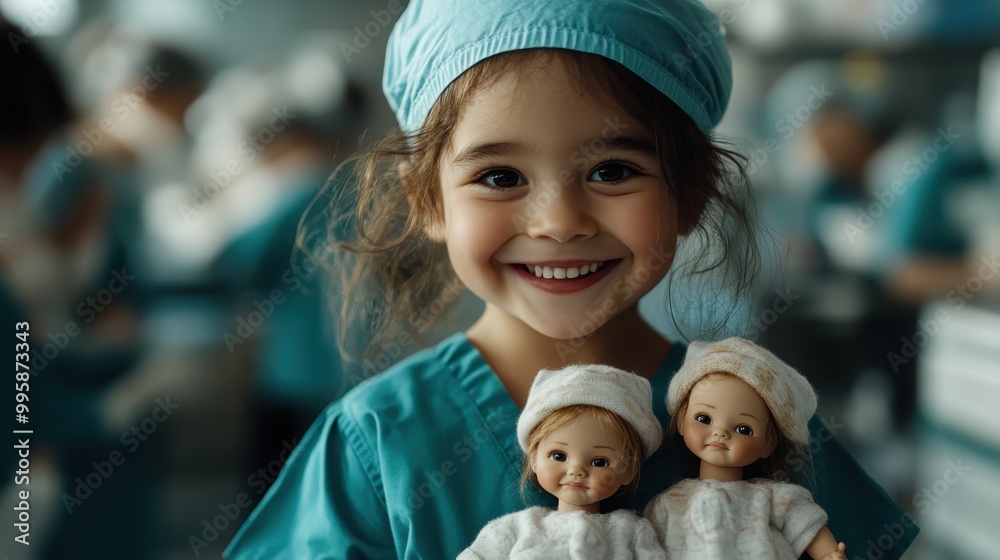A joyful child with shining eyes, dressed in a teal outfit, holds two dolls the child tightly and wears while smiling, radiating warmth and happiness indoors. A joyful child with shining eyes, dressed in a teal outfit, holds two dolls the child tightly and wears while smiling, radiating warmth and happiness indoors.