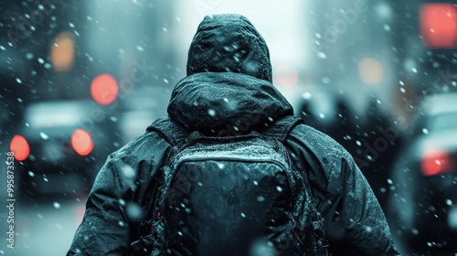 Image captured from behind of a person in winter gear walking down a snowy urban street, with the scene highlighting the challenges of urban life in harsh conditions. photo