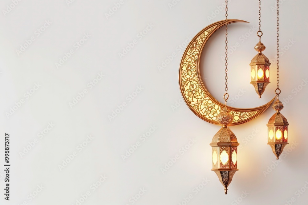 Golden crescent moons and lanterns hung on the walls. Perfect for backgrounds, Ramadan designs, and Islamic holidays. Generative AI Golden crescent moons and lanterns hung on the walls. Perfect for backgrounds, Ramadan designs, and Islamic holidays. Generative AI