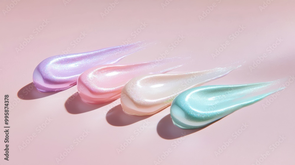 A streak of luminous iridescent highlighter swatches in pearl, mint, and violet, with an opalescent finish that shifts in the light. A streak of luminous iridescent highlighter swatches in pearl, mint, and violet, with an opalescent finish that shifts in the light.