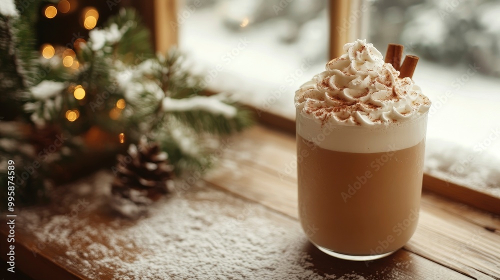 A close-up of a hot drink topped with whipped cream and cinnamon, placed on a wooden table with snow visible outside the window. A close-up of a hot drink topped with whipped cream and cinnamon, placed on a wooden table with snow visible outside the window.