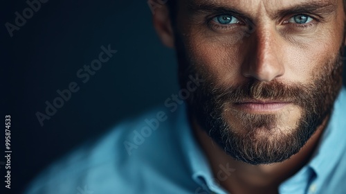 With a piercing glance, a bearded man in a blue shirt embodies concentration and focus, highlighted by excellent contrasts in a polished portrait.