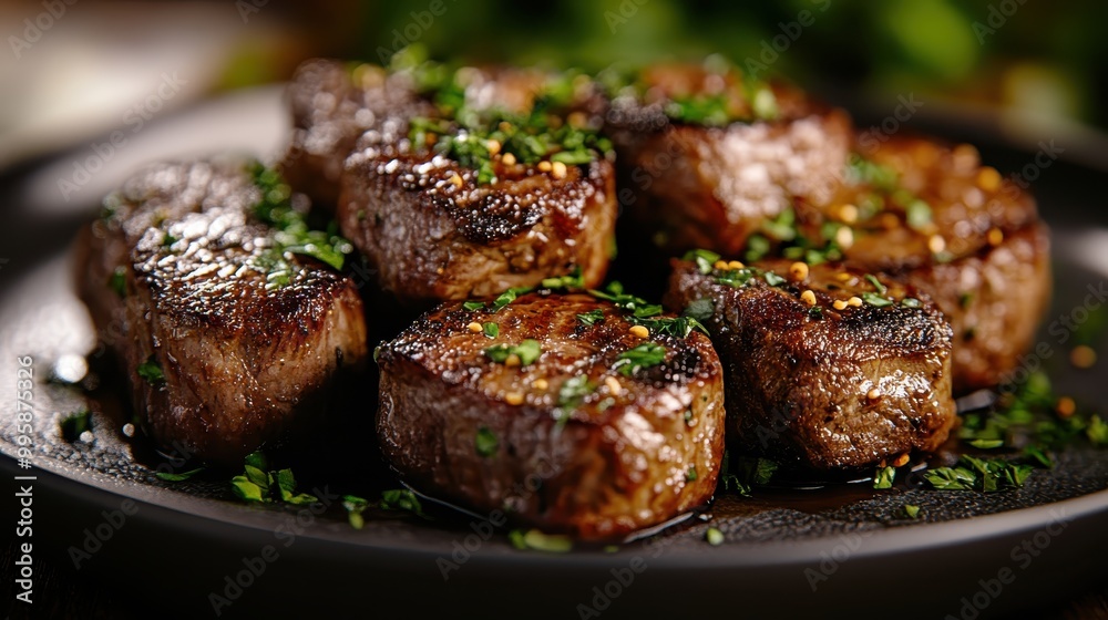 Flavorful seared steak pieces garnished with fresh herbs on a dark dish, showcasing the perfect blend of textures and savory goodness in an inviting gourmet dish.
