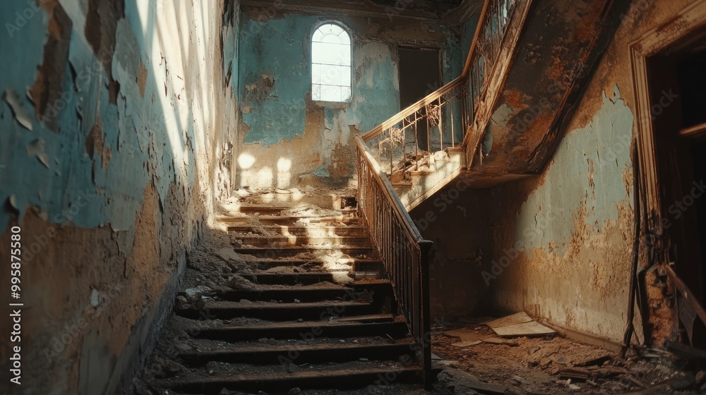 A crumbling staircase in a dilapidated building with peeling paint and light shining through a window A crumbling staircase in a dilapidated building with peeling paint and light shining through a window