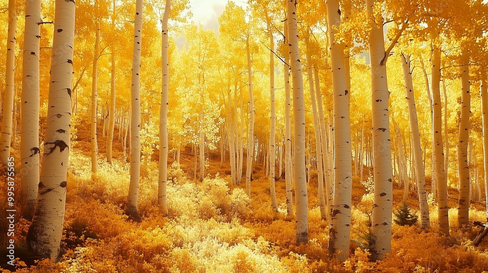Fototapeta premium Golden autumn hues envelop aspen trees in a serene forest during the peak fall season