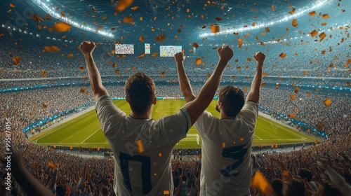 Two men are standing in a stadium, both wearing white jerseys and holding up their arms in celebration. The crowd around them is cheering and there are several people in the background