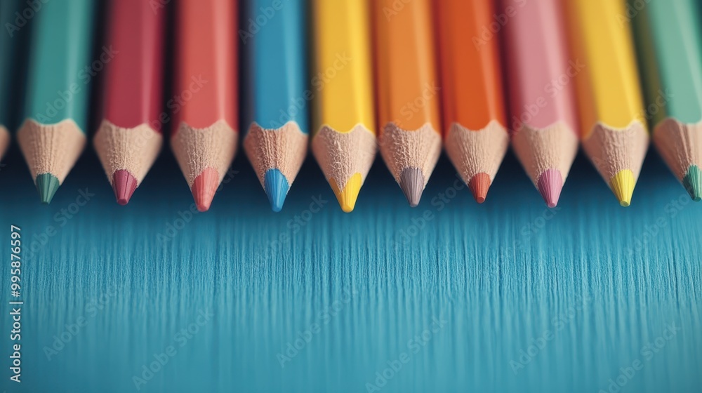High-resolution image showcasing a row of colored pencils with sharp ...