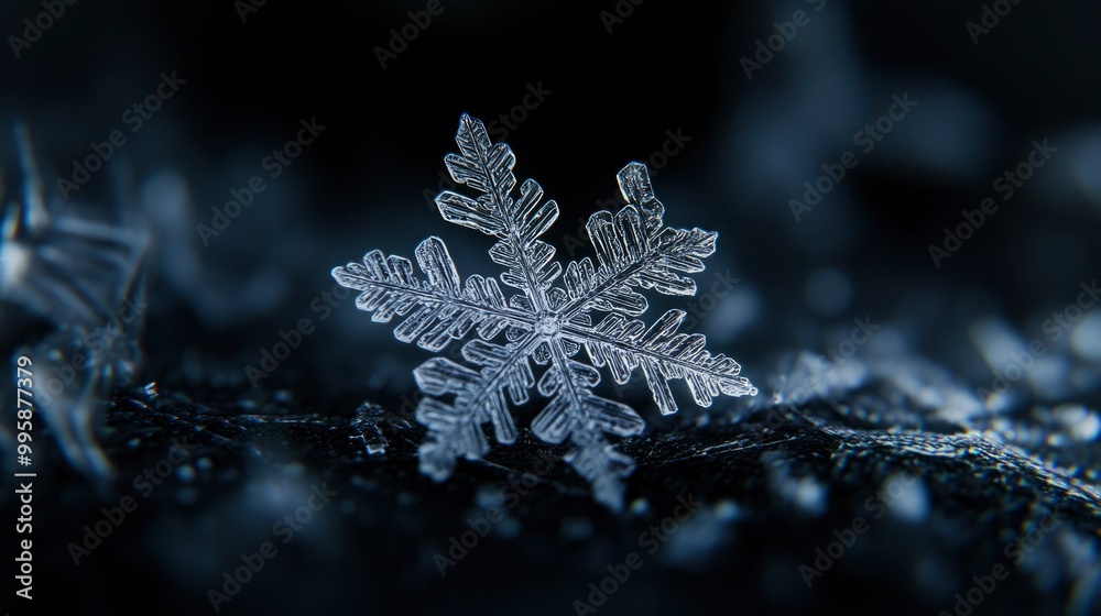 A close-up of a snowflake resting on a dark surface, showcasing its intricate design. A close-up of a snowflake resting on a dark surface, showcasing its intricate design.
