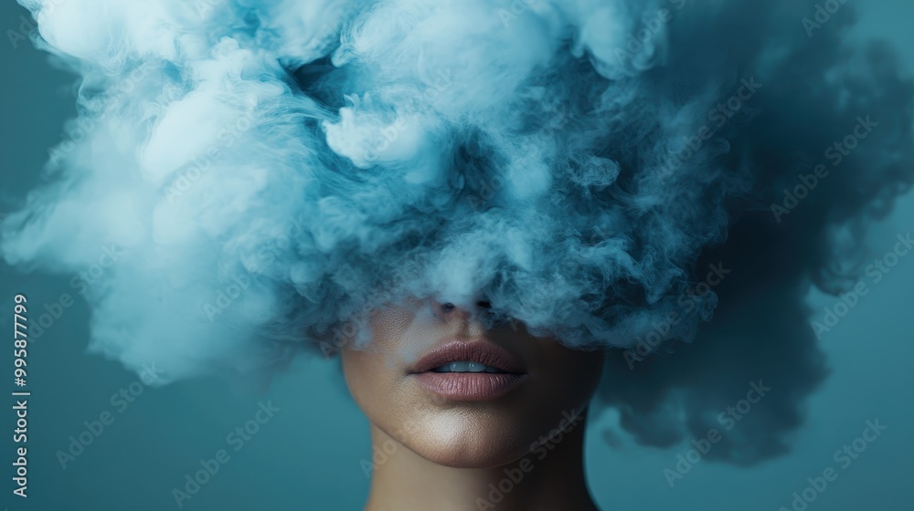 The photograph features a human head surrounded by fluffy blue smoke clouds, evoking a sense of fantasy, mystery, and artistic depth in a contemporary style image. The photograph features a human head surrounded by fluffy blue smoke clouds, evoking a sense of fantasy, mystery, and artistic depth in a contemporary style image.
