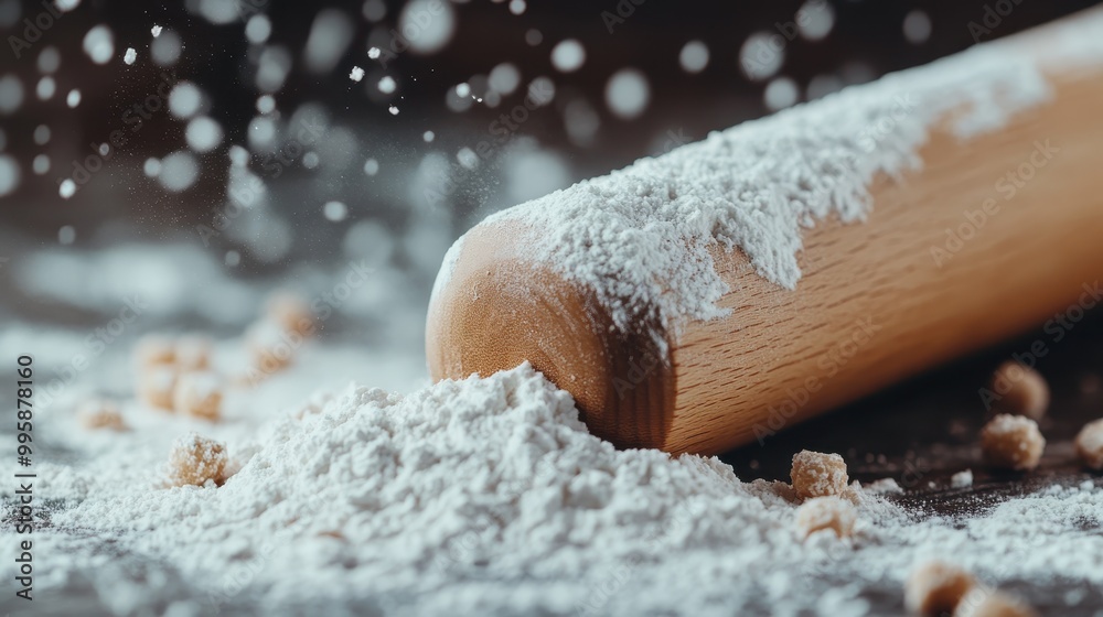 The image shows a wooden rolling pin partially covered in flour, with flour scattered around, creating a dynamic moment in the kitchen, highlighting the joy of baking and food preparation. The image shows a wooden rolling pin partially covered in flour, with flour scattered around, creating a dynamic moment in the kitchen, highlighting the joy of baking and food preparation.
