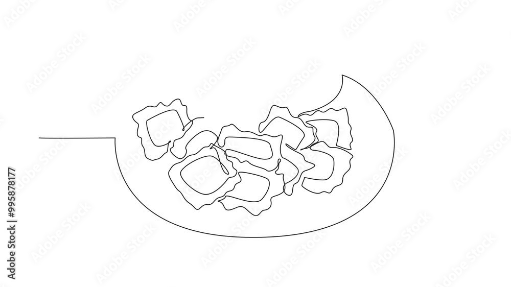 Animation of continuous one line drawing ravioli served on a round plate. Snacks to spend time on the weekend. Tomato sauce adds flavor. National Ravioli Day. Self drawing animated. Full length motion Animation of continuous one line drawing ravioli served on a round plate. Snacks to spend time on the weekend. Tomato sauce adds flavor. National Ravioli Day. Self drawing animated. Full length motion