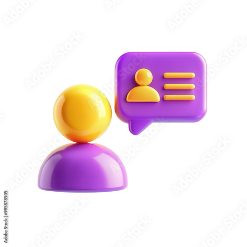 A vibrant 3D icon featuring a purple chat bubble with a yellow figure. Ideal for discussions, messages, and social interactions.