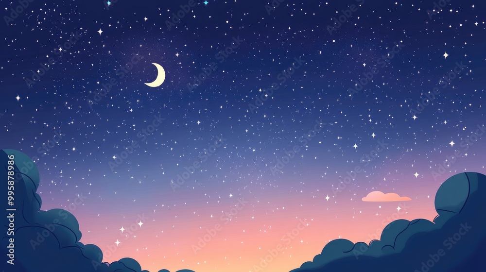 Naklejka premium Enchanting starry nights featuring luminous stars against a gradient sky presented in a 2D cartoon style illustration