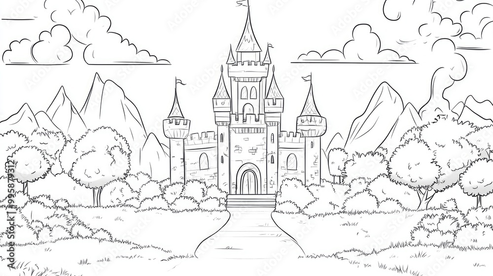 Vibrant and monochrome coloring template featuring a whimsical medieval castle Classical design for a children s and adults coloring book Flat 2D cartoon style Vibrant and monochrome coloring template featuring a whimsical medieval castle Classical design for a children s and adults coloring book Flat 2D cartoon style