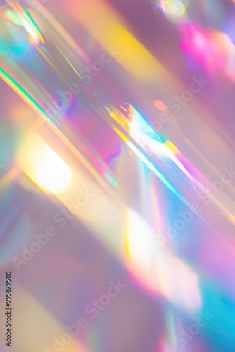 Abstract retro futuristic background featuring a shiny iridescent holographic rainbow overlay Natural light refraction creates a textured effect on a white surface enhanced by pastel colorful boke photo