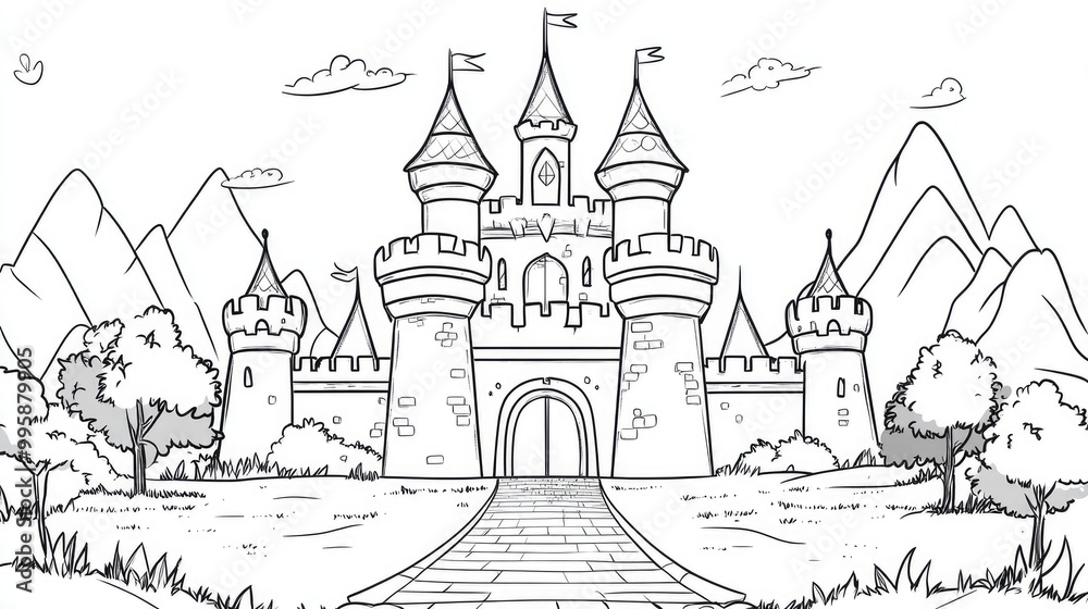 Vibrant and monochrome coloring template featuring a whimsical medieval castle Classical design for a children s and adults coloring book Flat 2D cartoon style Vibrant and monochrome coloring template featuring a whimsical medieval castle Classical design for a children s and adults coloring book Flat 2D cartoon style