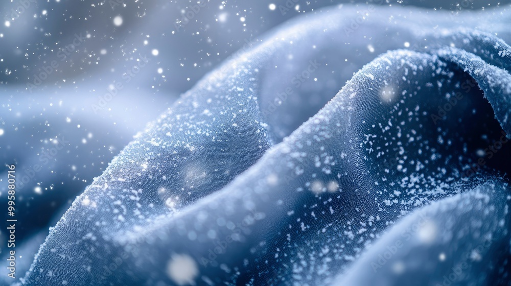 A close-up of a winter scarf draped over a snowy surface, with tiny snowflakes clinging to the fabric. A close-up of a winter scarf draped over a snowy surface, with tiny snowflakes clinging to the fabric.