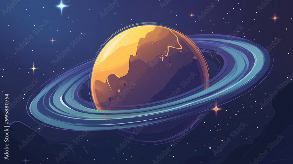 Fototapeta premium Flat 2D cartoon illustration depicting a planet surrounded by a ring