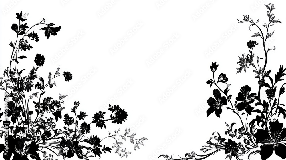 Silhouette border featuring outlined floral designs Silhouette border featuring outlined floral designs