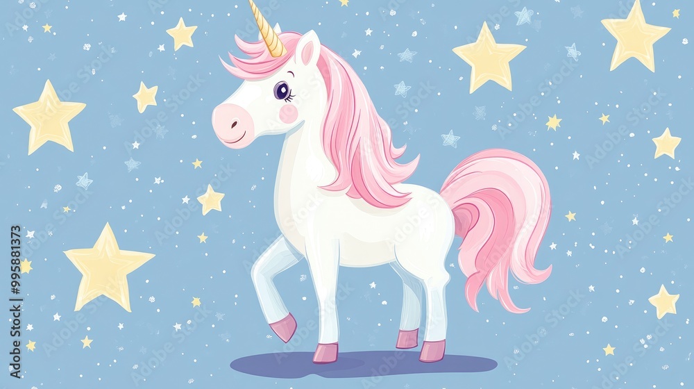 Whimsical cartoon unicorn surrounded by stars for a delightful greeting card design Whimsical cartoon unicorn surrounded by stars for a delightful greeting card design