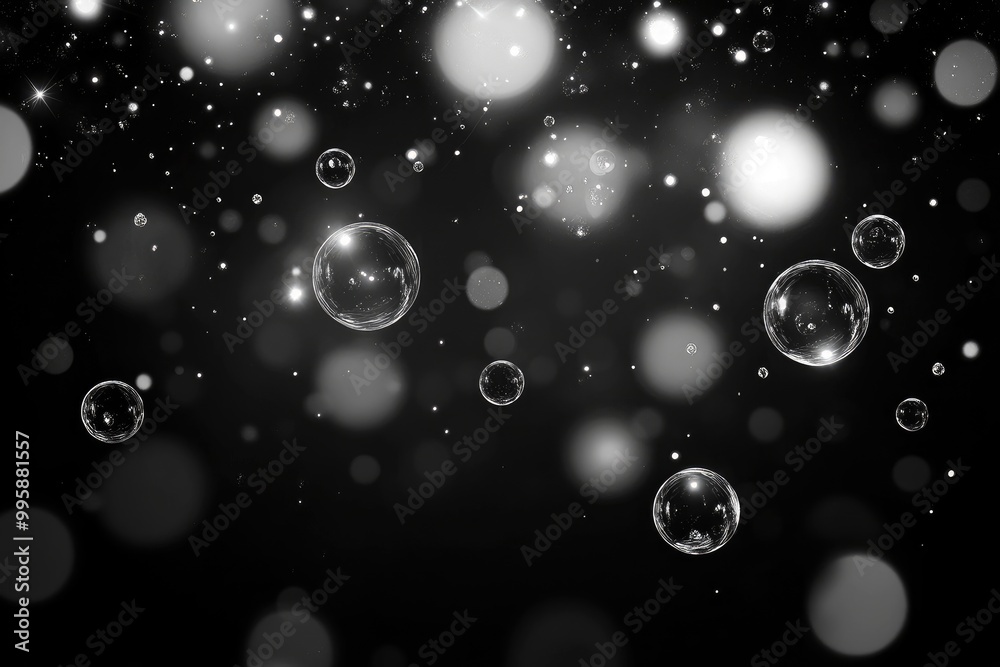 Fantasy black and white background featuring bokeh lights a dark border and a luminous center adorned with circles and bubbles Fantasy black and white background featuring bokeh lights a dark border and a luminous center adorned with circles and bubbles