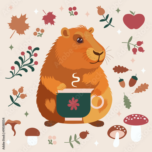 Cozy Autumn Guinea Pig with a Cup of Tea. A cute guinea pig enjoying a warm cup of tea, surrounded by autumn leaves, mushrooms, berries, and acorns. Vector illustration