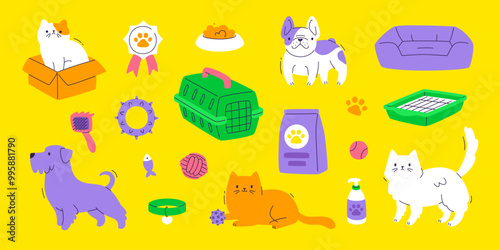 Set of  cute pets and supplies. Cartoon vector grooming accessories collection for cats and dogs.