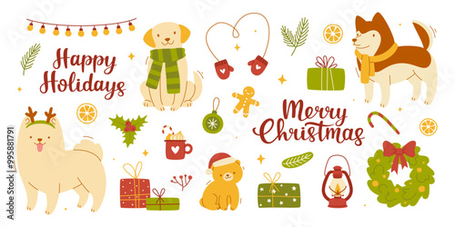 Christmas set with cute dogs and season decor. Cartoon vector cozy collection. Festive dog bundle.