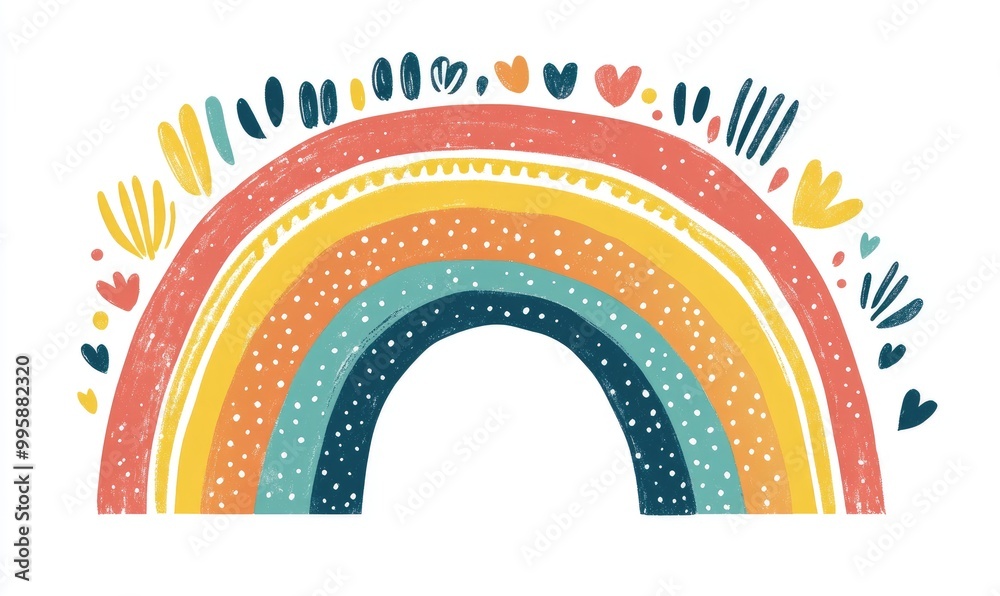 Whimsical rainbow illustration with hand drawn lettering Vibrant design suitable for children s products including baby shower cards and prints Flat style doodle art