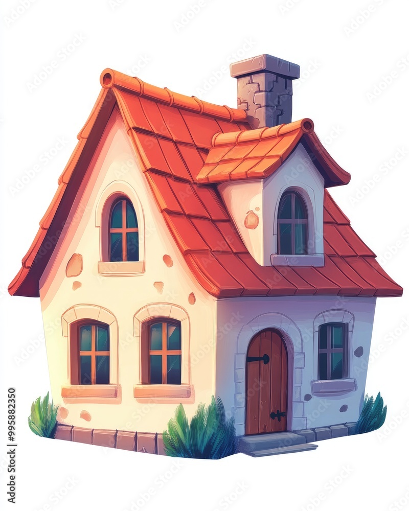 Charming cartoon house with a red roof and windows on a white background A playful element for children s design and advertising 2D cartoon illustration icon Charming cartoon house with a red roof and windows on a white background A playful element for children s design and advertising 2D cartoon illustration icon