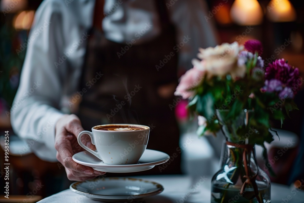 A waiter carefully delivers a steaming cup of coffee while a vibrant bouquet adds charm to the café atmosphere during the afternoon A waiter carefully delivers a steaming cup of coffee while a vibrant bouquet adds charm to the café atmosphere during the afternoon