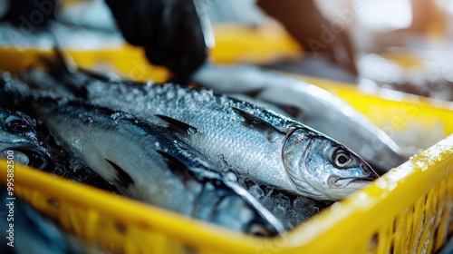 This image shows freshly caught fish neatly arranged on ice in a yellow crate, probably taken at a bustling seafood market, highlighting freshness and quality. photo