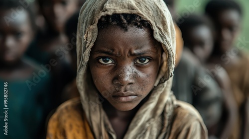 A captivating image of a young child with an intense gaze, wearing a hooded garment, symbolizing the determination, courage, and resilience required to face hardships.