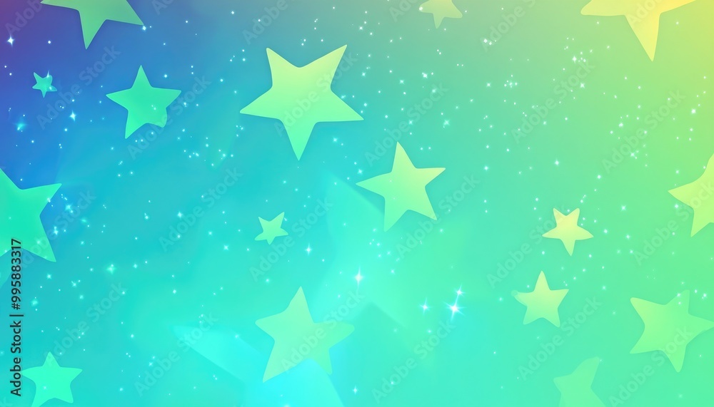 Obraz premium Light blue and green 2D cartoon background featuring vibrant stars A colorful illustration with abstract gradient stars suitable for festive advertisements and booklets