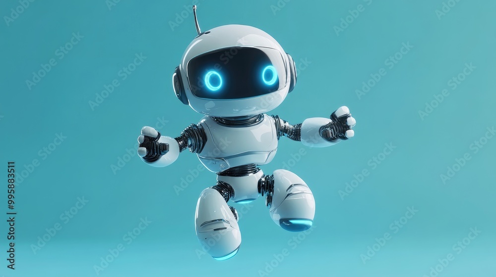 Simple robot character levitating in the air Simple robot character levitating in the air