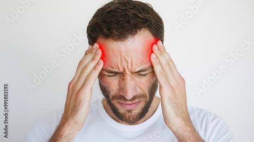 A man squeezing his head in pain, close-up migraine focus, hyperrealistic digital art, isolated on white background