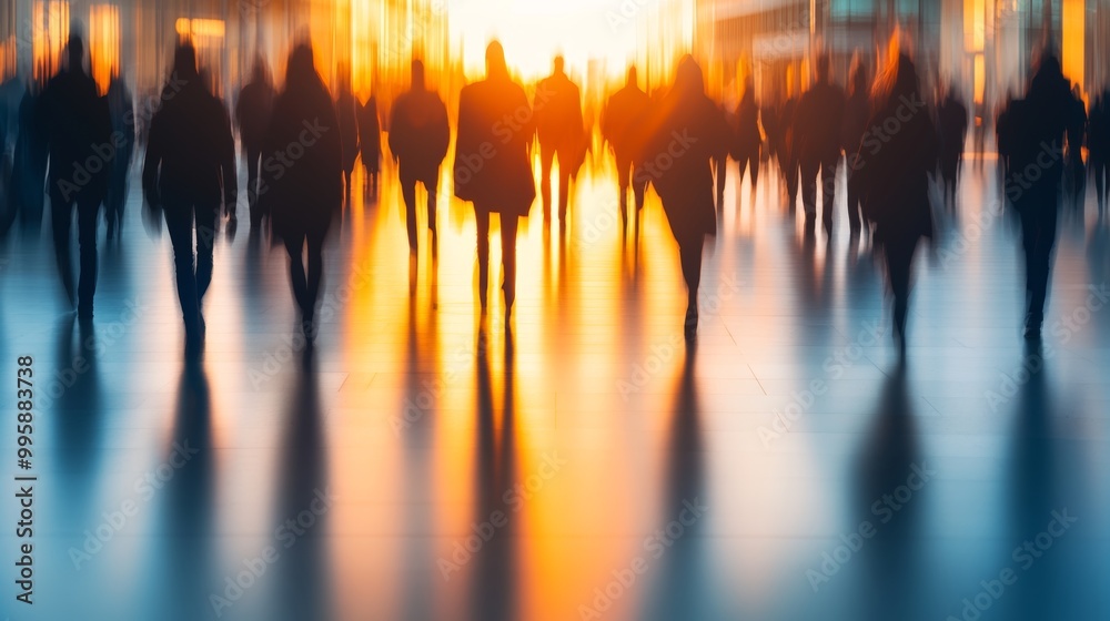 Obraz premium Urban Commuters in Motion Blur, City Life at Sunset with Silhouettes of People Walking