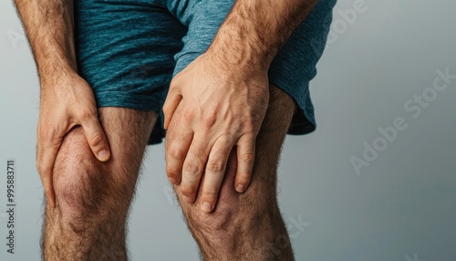 A man holding his knee in pain, close-up injury focus, hyperrealistic illustration, detailed texture, isolated on white background photo