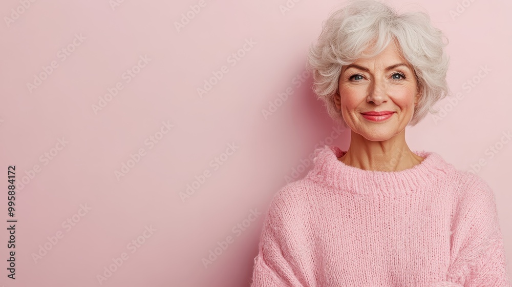 An elegant elderly woman with white hair and a warm expression, wearing a soft pink sweater against a pastel pink background, conveying warmth and positivity. An elegant elderly woman with white hair and a warm expression, wearing a soft pink sweater against a pastel pink background, conveying warmth and positivity.