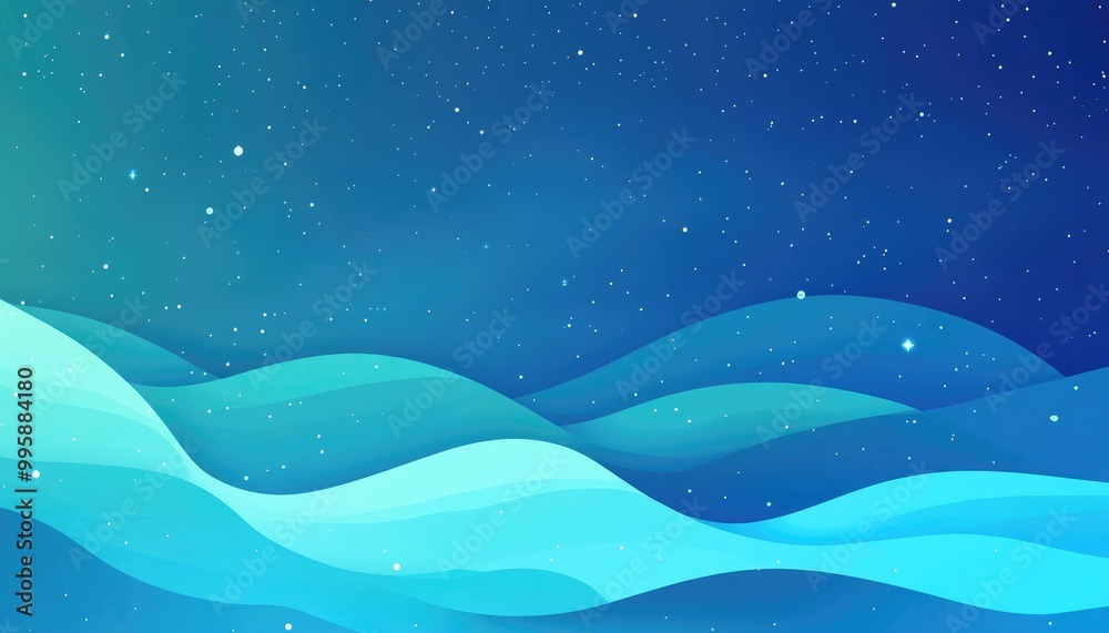 Fototapeta premium Light blue and green 2D cartoon template featuring a starry sky Vibrant illustration with shining stars ideal for ads posters and banners
