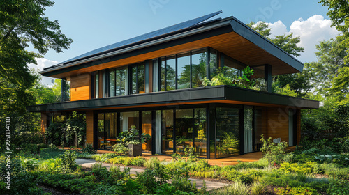 Eco-Friendly Home with Solar Panels and Green Garden