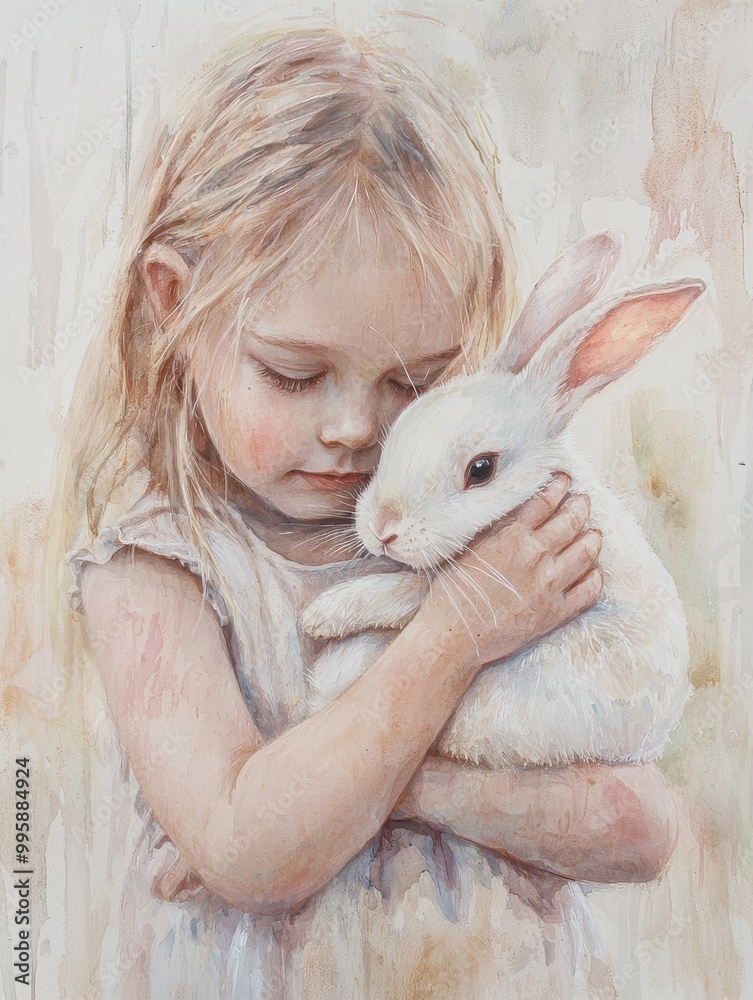 Watercolor Painting of a Young Girl Gently Holding a White Bunny Watercolor Painting of a Young Girl Gently Holding a White Bunny