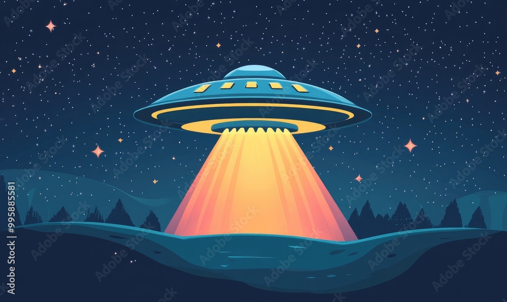 Flat design illustration of a traditional flying saucer set against a starry night sky Flat design illustration of a traditional flying saucer set against a starry night sky