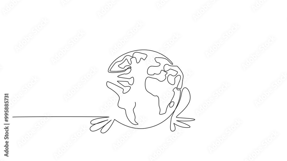 Self drawing animation of single continuous line drawing green frog hugging globe. Character of happy animal. Maintain and protect the earth as a natural habitat. World Frog Day. Full length animated Self drawing animation of single continuous line drawing green frog hugging globe. Character of happy animal. Maintain and protect the earth as a natural habitat. World Frog Day. Full length animated