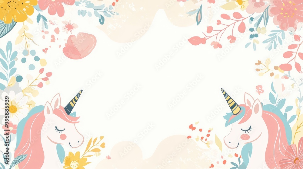 Rectangular floral backdrop featuring adorable unicorn faces designed for girls creations with a semicircle frame for text offering a horizontal layout and ample empty space